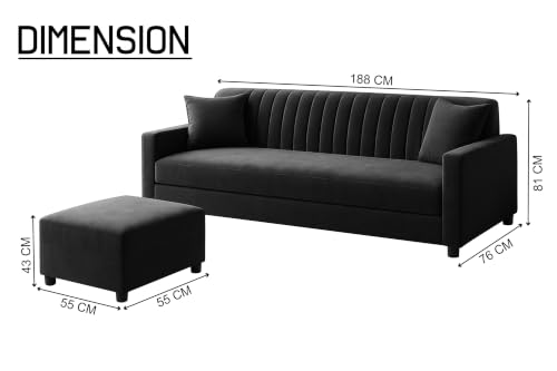 Image of 3 Seater Sofa with Ottoman | Modern Upholstered Couch | Vertical Channel Tufted Backrest | Comfortable Cushioned Seating | Contemporary Sofa Set for Living Room & Office - Black Color
