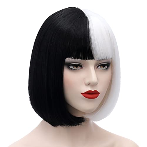 Perruque noire et blanche pour Cruella diable dames court bob avec frange coloré costume cosplay perruques pour femmes enfants habiller carnaval Halloween vert perruque avec bonnet de perruque 047B Cover