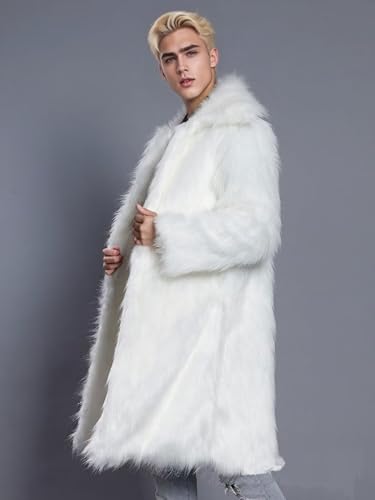 Image of FTIMILD Men's Long Faux Fur Coat Single Breasted Warm Winter Trench Coat Fluffy Thick Overcoat