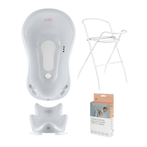 Hylat Baby Set: Baby Badewanne mit Thermometer, Gestell & Stöpsel, Badewannensitz, Ablaufschlauch - stabil und bequem - für Neugeborene und Babys
