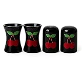Set Eierbecher + Salz- & Pfefferstreuer – Schwarze Keramik mit Kirsch-Motiv | Küchenhelfer & Tisch-Accessoire für Haushalt, Küche & Geschenkidee