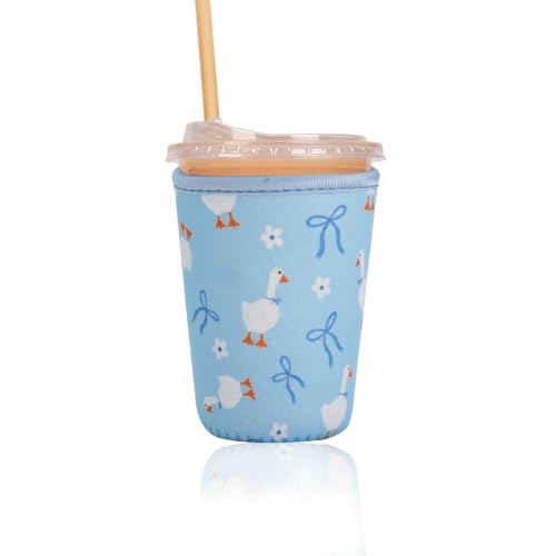 Image of Reusable Insulated Sleeve for Iced Coffee Cup, Coffee Neoprene Sleeve for Cold & Hot Drinks, Beverage Holder for Iced Coffee (Blue Geese, Small: 16-18oz)