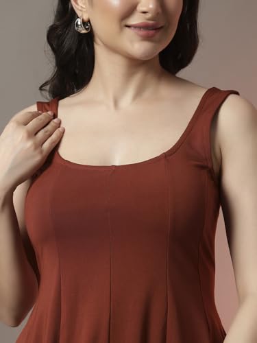 Image of Trend Arrest.ed Women's Polyester Sculpt Flare Top | Stretchable Sleeveless Fit & Flare Blouse with Scoop Back
