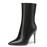 WAYDERNS Women's Black High Heel 4 Inch Matte Pointed Toe Stiletto Zip Ankle High Leather Boots Size 11 - Tacon Alto