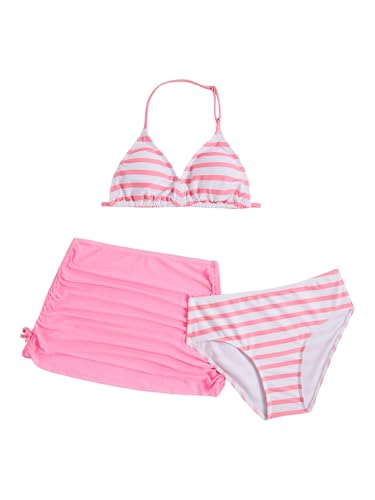 Image of RoseSeek Girl's 3 Piece Cute Bowknot Bathing Suit Halter Triangle High Waisted Swimsuit with Beach Cover Up Skirt