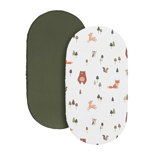 Image of Sweet Jojo Designs 2-Piece Baby Bassinet Sheets Set (Woodland Animals) for Girls & Boys, Infant Nursery, Toddler Room - Oval Rectangle Hourglass Mattress (Solid Green & Watercolor, Forest Friend, Fox)
