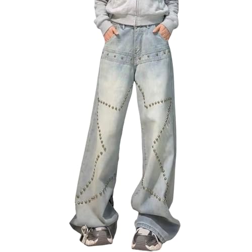 MEOKIM Women's Y2K Jeans Retro Washed Star Studded Loose Fitting