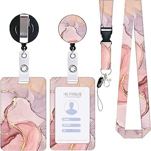 Marble Lanyard Card Holder, ID Badge, Lanyard Card Holder, Removable Cord with Retractable Clip for Key Chains Name Cards