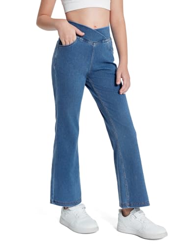 Haloumoning Girls Crossover Flare Jeans Stretchy Bootcut Yoga Pants Bell Bottoms with Pockets
