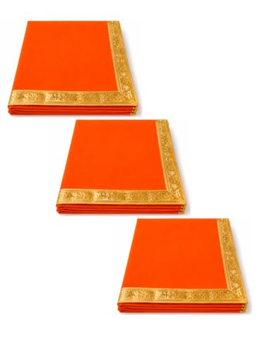SANSKAARAM (Orange, 20 x 40 inch) 1/2-Meter Plain Velvet Pooja Aasan Cloth for God Idol Sitting, Mandir Shelf, Puja Chowki Table, Home Temple Decoration with Swastik Border, Pack of 3