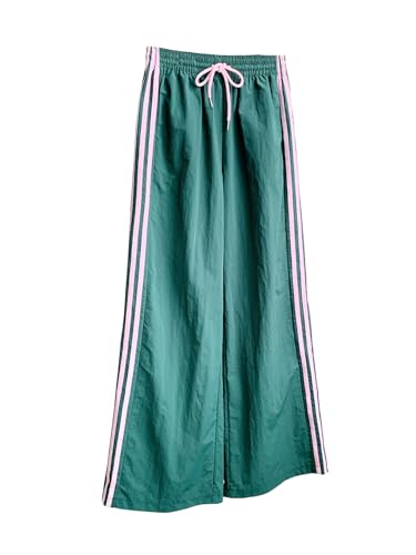 SOLY HUX Women's Y2k Striped Side Baggy Pants Drawstring Elastic Waist Wide Leg Track Pants Streetwear Green Striped Large