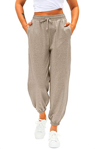 Women s Cotton Sweatpants High Waisted Pants with Pockets Athletic Fit Joggers for Women Lounge,Jogging(Khaki_L)