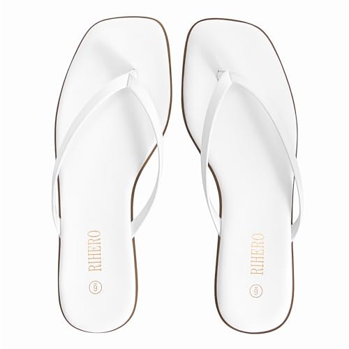 Image of Rihero Flip Flops for Women Comfortable Square Toe Beach Sandals Slip On Leather Thong Flat Sandals Dressy