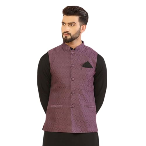 Image of KISAH Men's Green Jacquard Silk Blend Nehru Jacket- Traditional Indian Waistcoat for Weddings & Royal Parties
