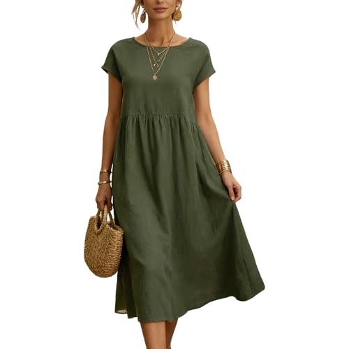 ADUDVLO Women’s Linen Cotton T Shirt Dress Summer Short Sleeve Crew Neck A-line Casual Sundress with Pockets, Loose Fit Linen Dresses for Women UK S-2XL (UK, Alpha, L, Regular, Regular, Green)
