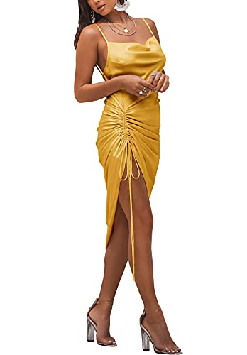 Image of LYANER Women's Satin Spaghetti Straps Cowl Neck Sexy Ruch Cocktail Midi Dresses