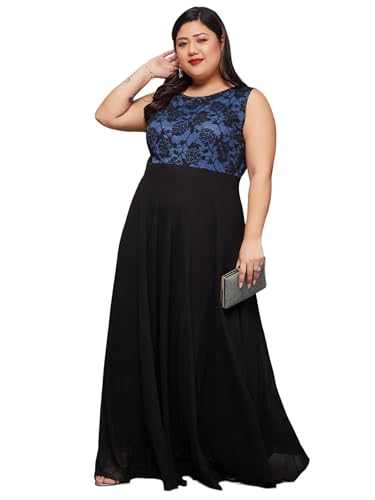 Image of Miss Chase A+ Women's Round Neck Sleeveless Georgette Floral Lace Fit & Flare Maxi Dress