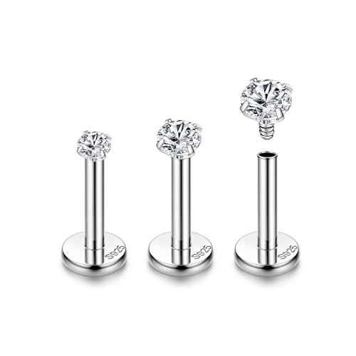 Sllaiss 925 Sterling Silver Pendientes Labret Piercing Joyería Cartílago Tragus Helix Piercing Joyería Stud 2mm 3mm 4mm CZ Flat Back Mujeres Mens Pendientes (2/3/4MM)