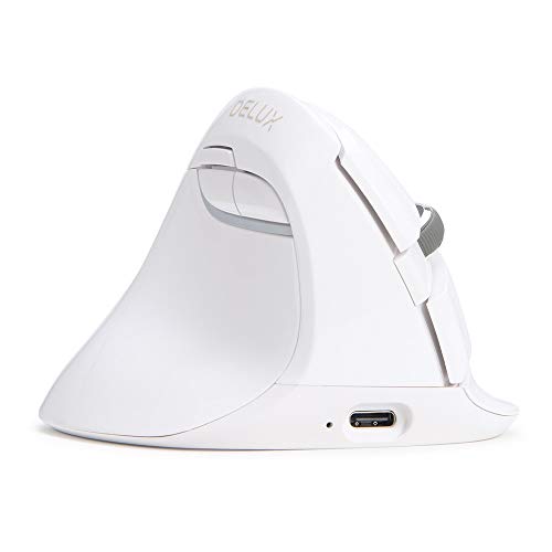 DELUX Ratón Ergonómico para Zurdos, Raton Vertical Inalámbrico Recargable BT, Silencio Mouse óptico con 6 Botones y 4000DPI para Reducir la tensión de Las Manos(M618ZD-Blanco)