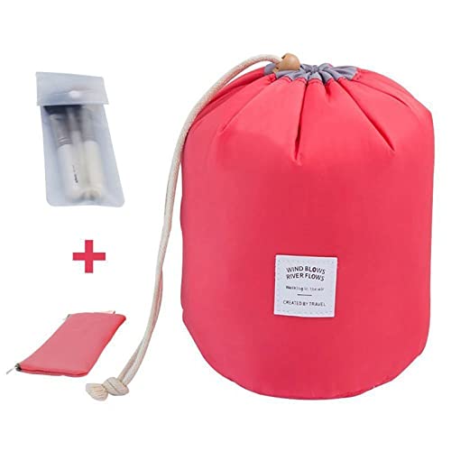 Invoda Cosmetic Bags Drawstring Barrel Makeup Bag,Women&Girls Portable Foldable Cases Multifunctional Toiletry Bucket Bags Travel Makeup Organizer Storage Pocket Soft Collapsible (Red) #TOP5