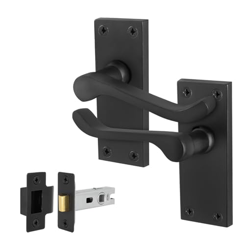 EAI Black Victorian Scroll Latch Handle Set, 1 Pair of Matt Black Internal Lever Door Handles on Backplate and Latch (64mm)