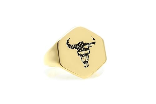 Bague drapeau américain et taureau au design hexagonal premium