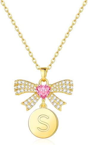 Ritach Initial Necklaces for Women Girls - Real Gold Plated Pink CZ Heart Bow Necklace Disc Letter Necklace Dainty Gold Initial Necklaces for Women Girls Jewelry Birthday Gifts for Women Teen Girls