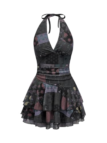Image of SOLY HUX Women's Vintage Halter Deep V Neck Ruffle Mini Dress Layered Flowy Sundresses Festival Rave Outfits