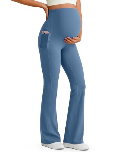 G4Free BareFeel Maternity Flare Leggings with Pockets Over The Belly Stretchy Casual Lounge Pregnancy Dress Pants for Work