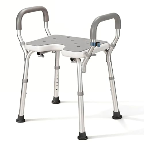 Duschhocker für Senioren 6-stufig höhenverstellbarer Badewannenhocker mit Armlehnen & U-Sitz Rutschfester Aluminium Duschstuhl mit Eva-Polster 38-67cm 150kg Tragkraft für barrierefreies Baden