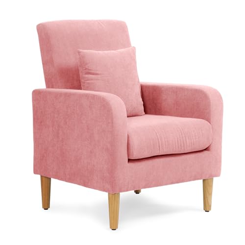 Athena Collection Modern Accent Chair with Cushion, Comfy Upholstered Fabric Reading Chair for Adult, Soft Sofa Armchair for Living Room, Bedroom, Dorm, Pink