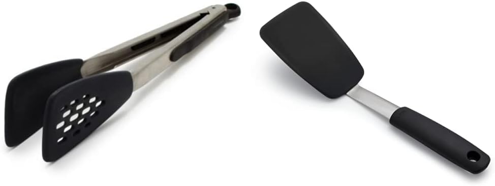 OXO Good Grips Silicone Flexible Tongs Stainless,Black & Good Grips Small Silicone Flexible Turner Black