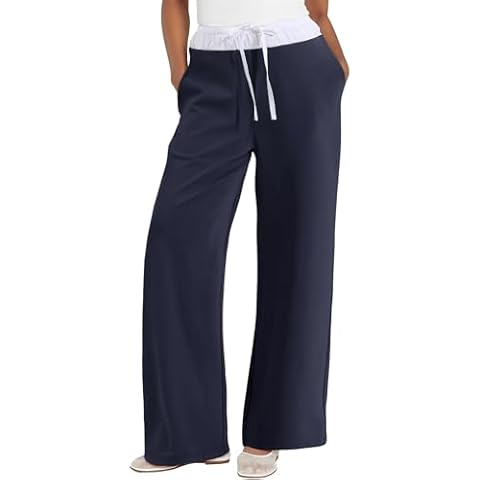 NIMIN Wide Leg Pants for Women with Pockets Trendy Lounge Pants Flare Straight Leg Baggy Sweatpants Navy Blue Cover