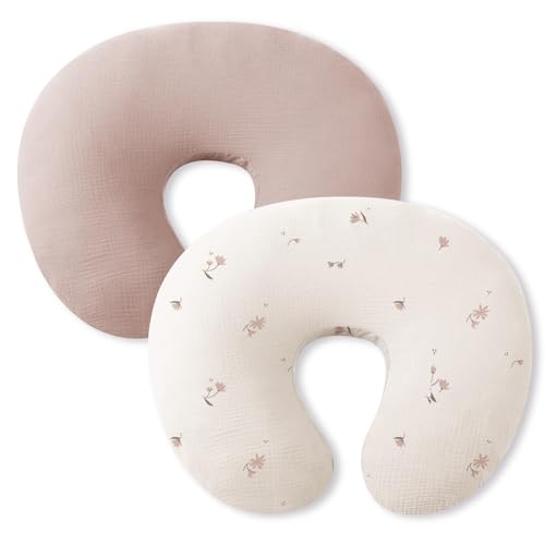 Image of Little Grape Land Nursing Pillow Covers 2 Pack for Baby, Soft 100% Cotton Covers for Breastfeeding Pillows, Breathable Muslin Fog Flower Nursing Pillow Cases Fit Standard Nursing Pillows