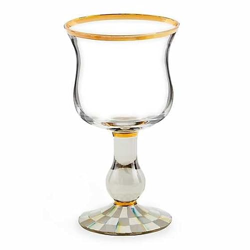 MACKENZIE-CHILDS Stemmed Wine Glass, Decorative Wine Glassware, 16 Ounces, Gray-and-White Sterling Check