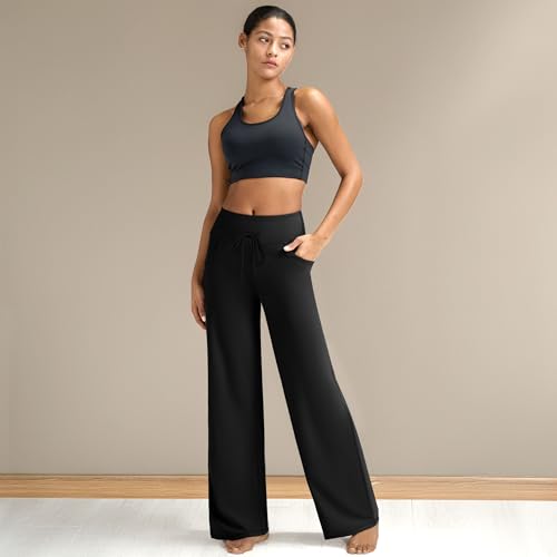 Women's High Waist Pocket Wide Leg Trousers - Comfortable, Loose, Casual for Work, Travel, Workout.