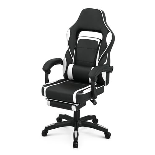 Athena Collection Gaming Chair, Ergonomic Gaming Chair with Footrest & Lumbar Support, Height Adjustable Swivel Computer Chair Office Chair for Kids Adults(White)