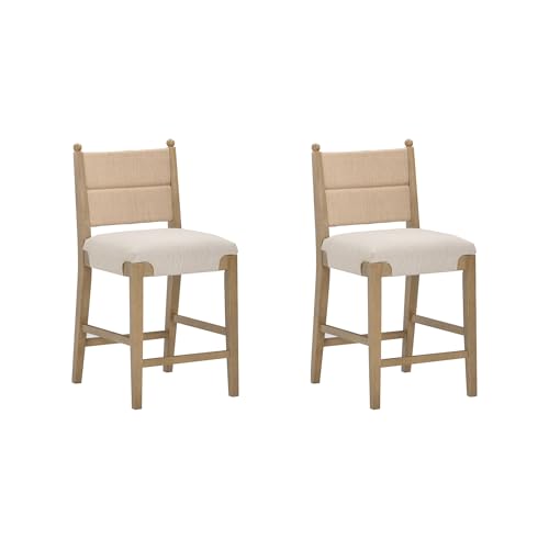 Image of Nathan James Cove Seagrass Counter Stool Wood Upholstered Bar Stool with Natural Flax Cushion and Seagrass Backrest, Light Brown, Set of 2