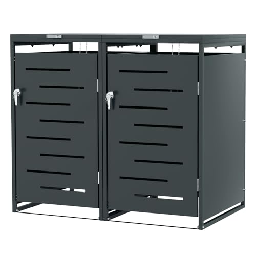 Jayseuw Lot de 2 cache-poubelles en métal pour poubelles de 120 l/240 l, résistant aux intempéries, verrouillable, avec vérins à gaz et chaînes de...