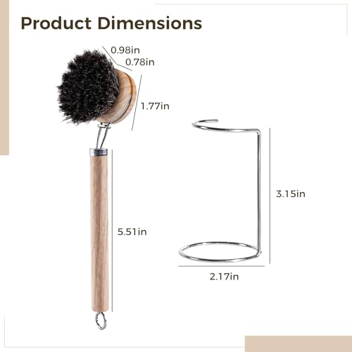 Image of 6 PCS Dish Brush with Handle Set, Wooden Handle with 3 Replaceable Bristle Heads, Bamboo Brush for Dishes with Metal Dry Rack for Kitchen Cleaning Tasks