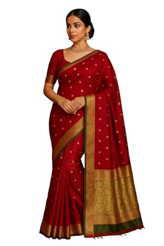 Image of Women's Glory Womens Kanjivaram Banarasi Silk Saree Blend Woven Zari with Jacquard Woven Unstitched Blouse Piece. (Pista Red)