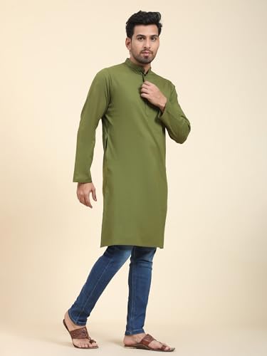 Image of SKAVIJ Mens Cotton Casual Wear Modern Kurta Shirt for Everyday Use Yoga Outfit Olive Green Small