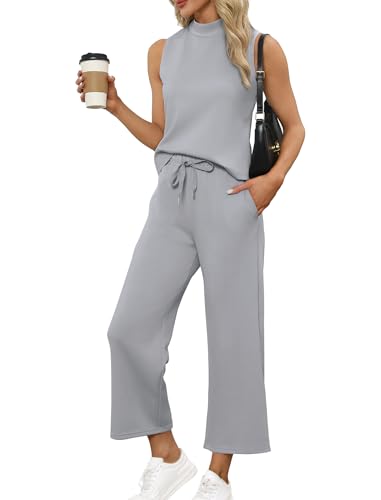 Image of SAMPEEL Two Piece Sets for Women Summer Outfits Lounge Sets Mock Neck Tops Wide Leg Crop Pants Vacation Travel Outfits
