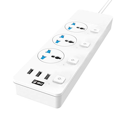 iBlockCube - Extension Lead with USB Ports 3 Way Outlets 3 Ports Surge Protection Power Strip Universal Charging Socket with 2 Meter Bold Extension Cord (UK White)