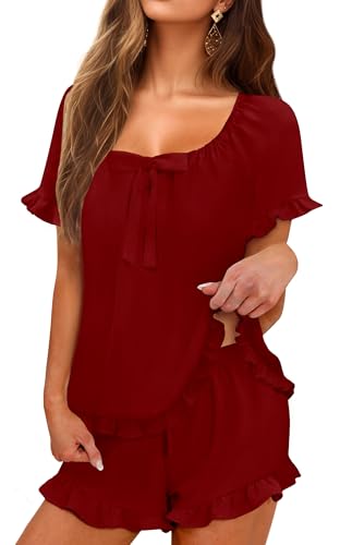 Image of KFUBUO Womens Pajamas Set 2 Piece Ruffle Pj Soft Short Sleeve Tops and Shorts Sleepwear Set Cute Pajama Sets for Women