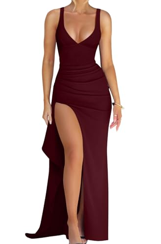 Memoriesea Women's Sexy Plunge Neckline Bodycon Ruched High Slit Party Maxi Dress Burgundy