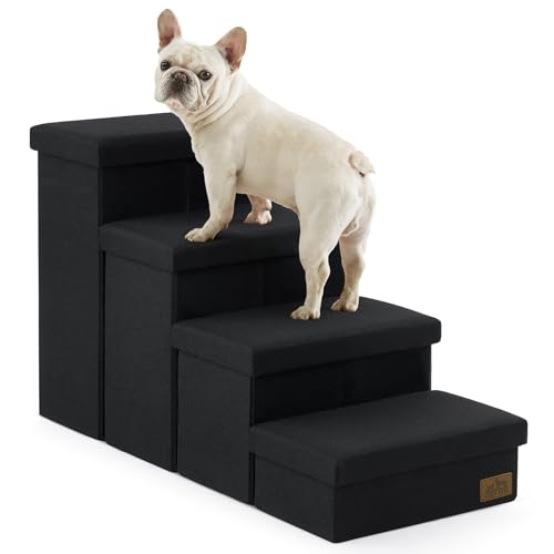 Image of Dog Stairs with Storage, 4-Step Wider Sturdy Dog Steps for Small/Medium/Large Dogs and Older Cats, Folding Doggie Ramp for Bed/Couch/Car Hold Up to 180 lbs (22" H, Black)