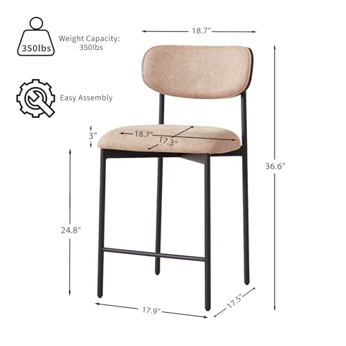 Image of GrandNoor Modern Bar Stools Set of 2, 24 Inch Upholstered Fabric Counter Height Bar Stools with Curved Backrest & Metal Legs, Counter Height Stools with Back for Kitchen Island