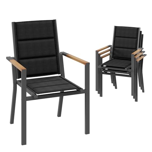 Devoko Gartenstuhl Set 4, Stapelbare Aluminium Esszimmerstühle, Maximale Belastung 160kg, Balkonstühle, Für Garten, Pool, Terrasse, Esszimmer, Gartenmöbel, Dunkelgrau & Holz