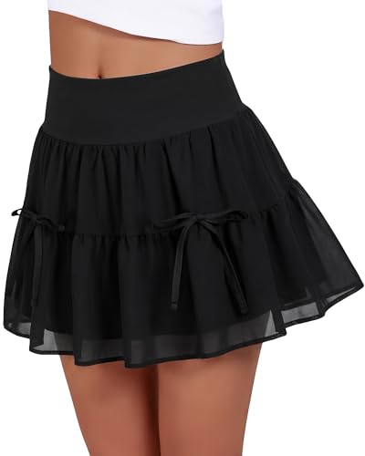 Stelle Women's High Waist Athletic Skorts Flowy Mini Cake Skirt Casual Skorts with Shorts Pocket (Black，M)